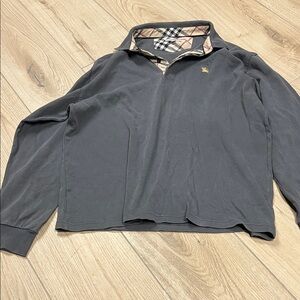 Burberry Dark Gray Long Sleeve Polo with Check Trim